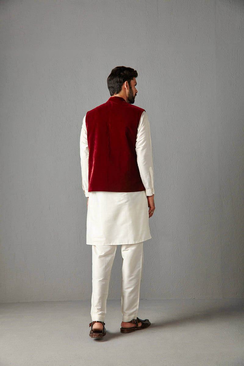 Maroon Velvet Bundi Jacket With Kurta Set