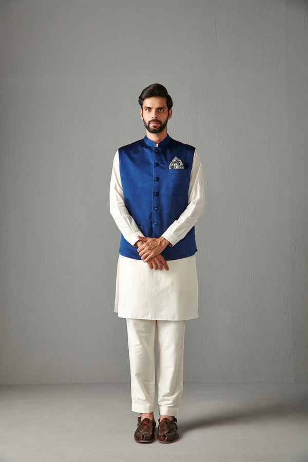 Royal Blue Bundi Jacket With Kurta Set