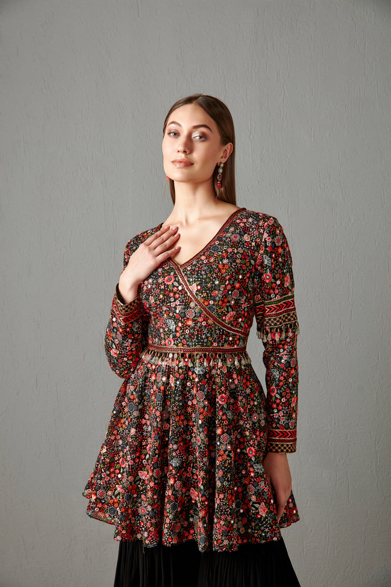 Black Embellished Peplum Set