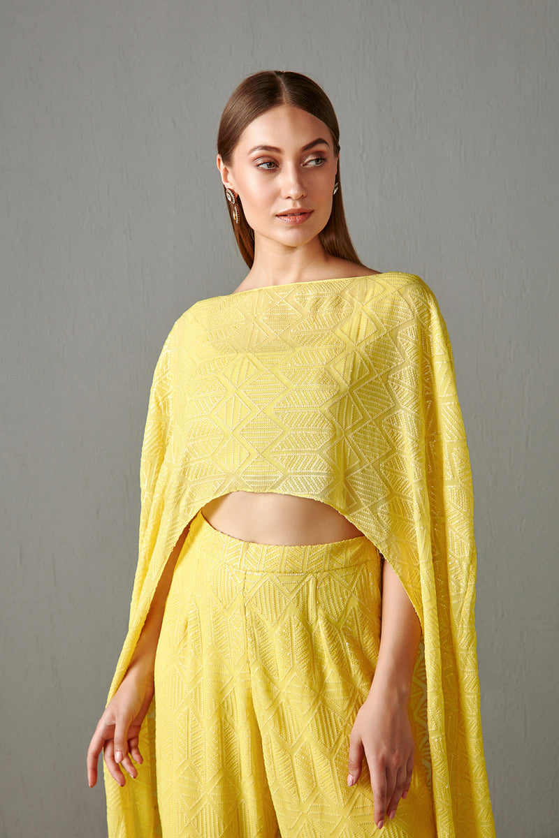 Yellow Embroidered Cape Set