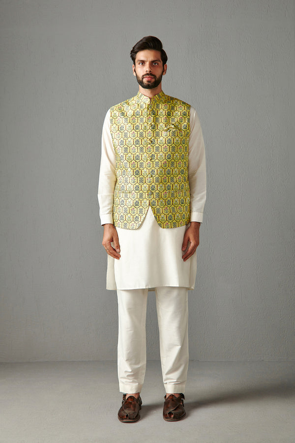 Yellow Bundi Jacket With Kurta Set