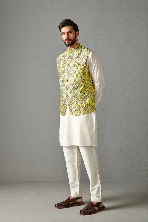 Yellow Bundi Jacket With Kurta Set