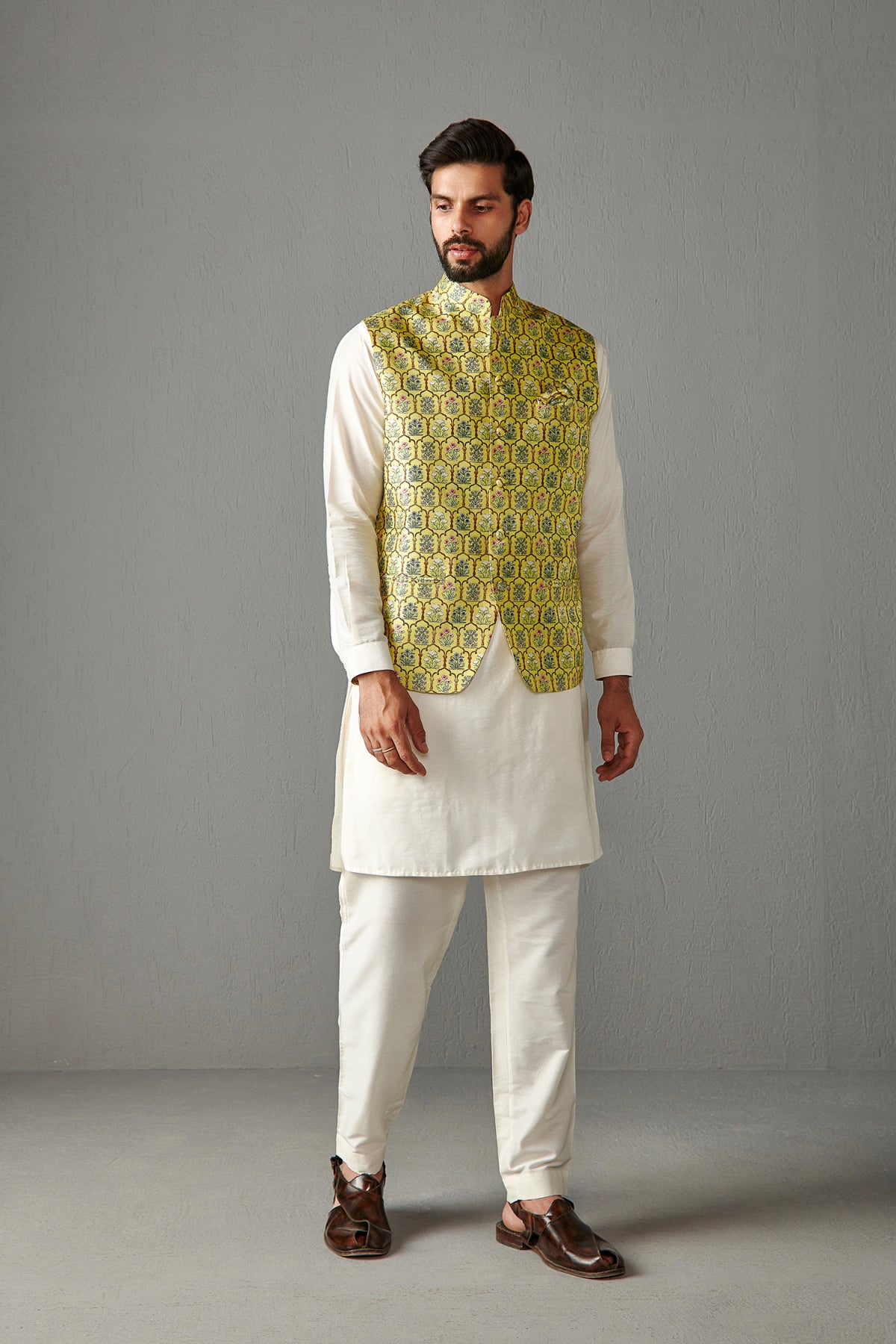 Yellow Bundi Jacket With Kurta Set