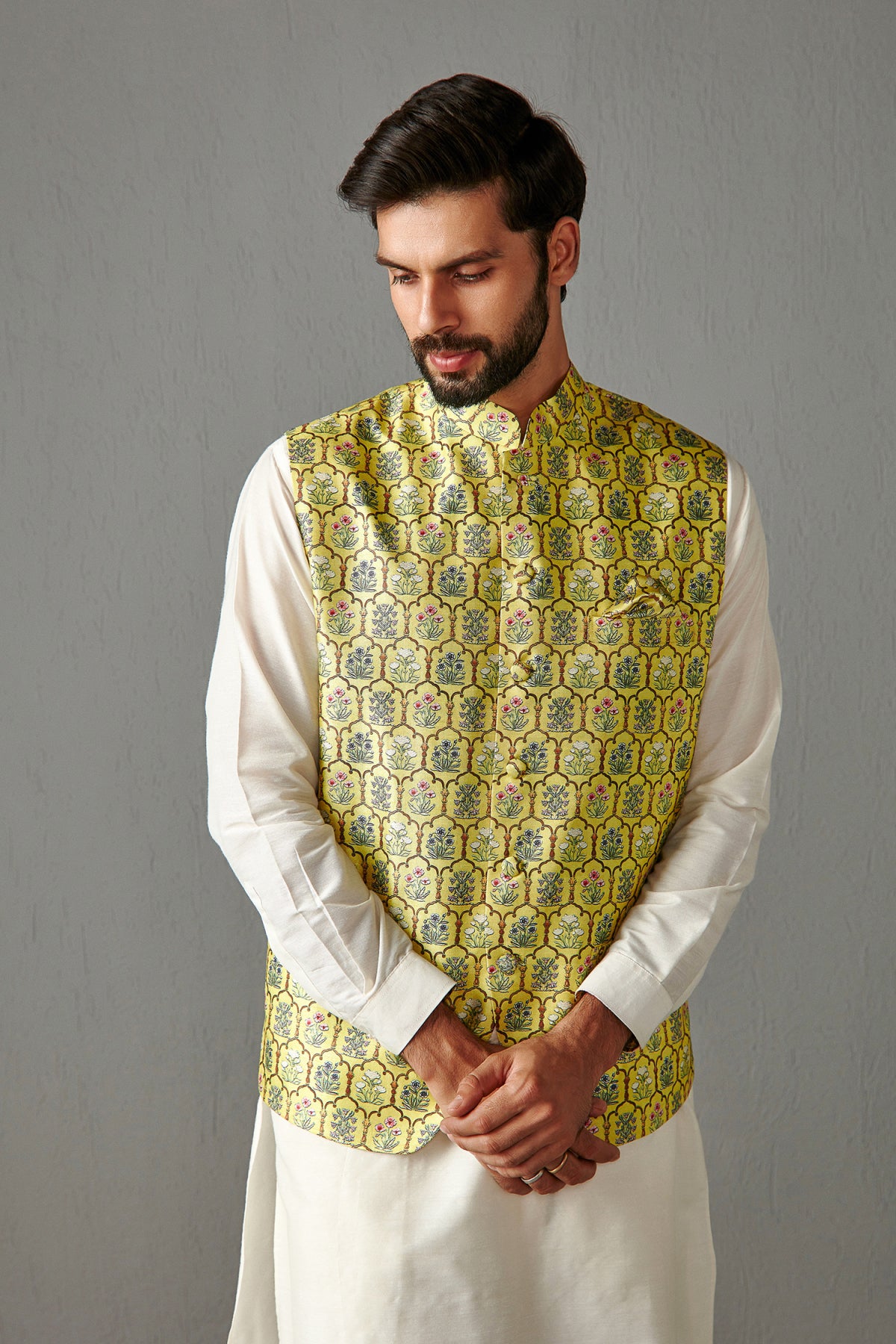 Yellow Bundi Jacket With Kurta Set