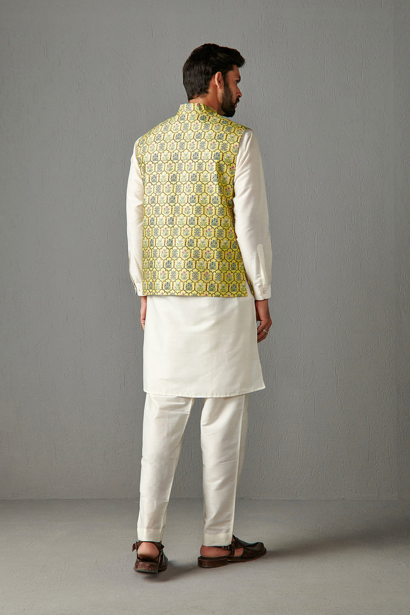 Yellow Bundi Jacket With Kurta Set