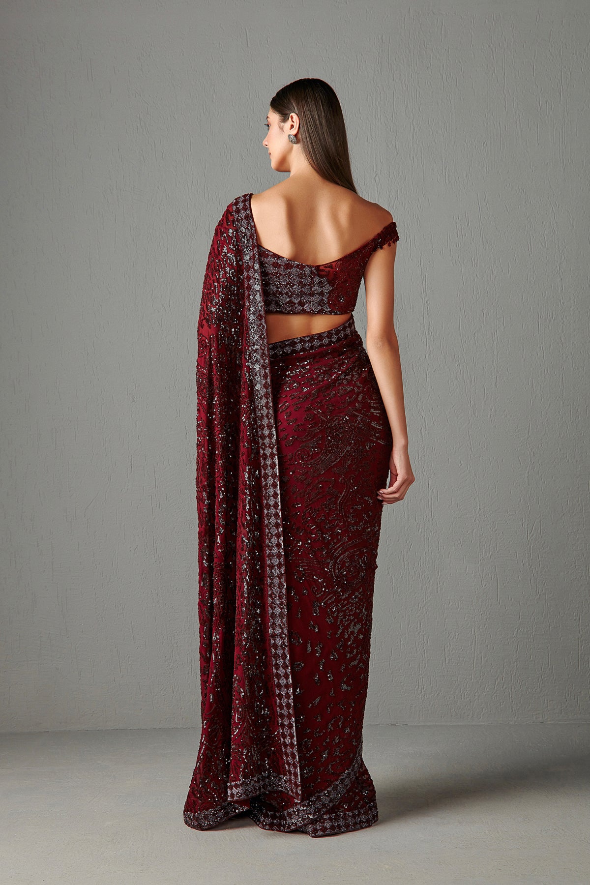 Ox Blood Embellished Saree Set