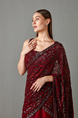 Ox Blood Lehenga Saree Set