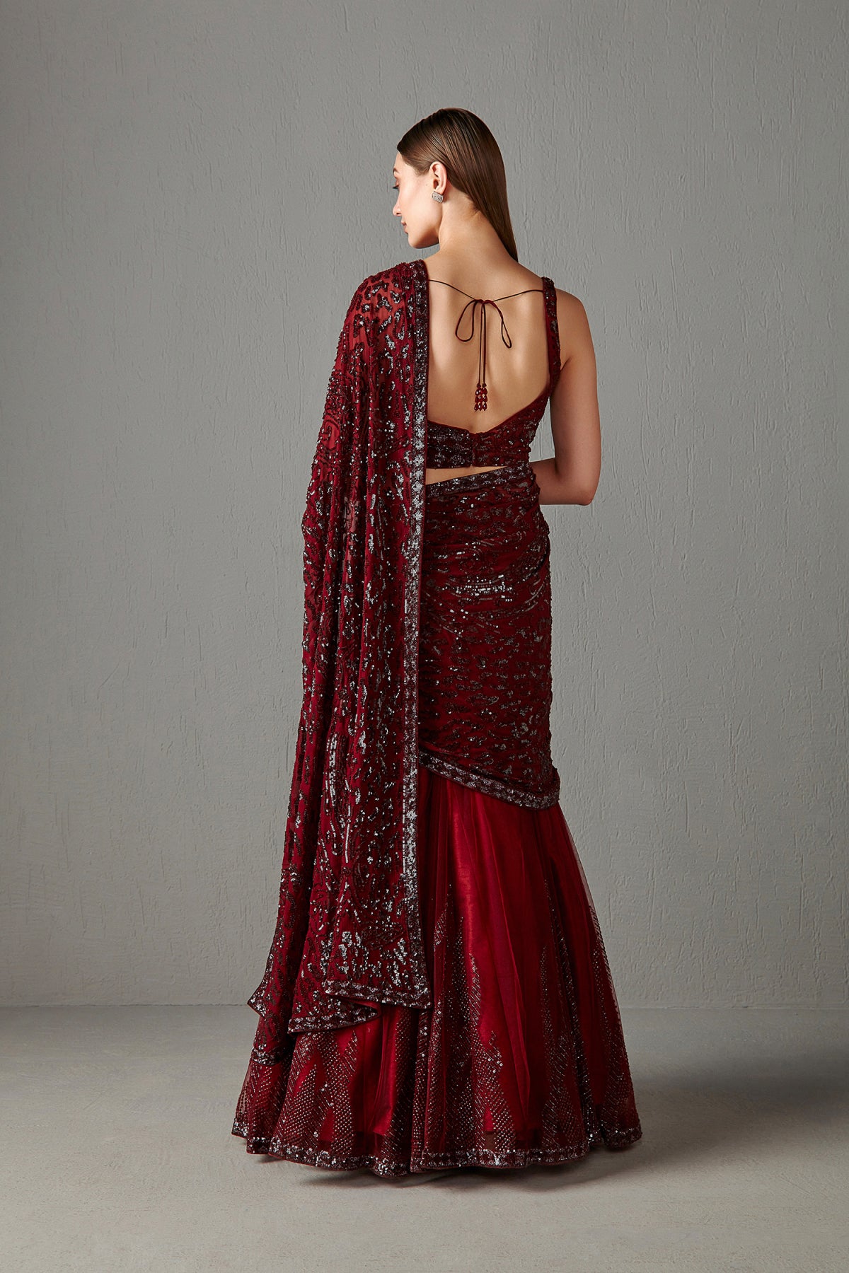 Ox Blood Lehenga Saree Set