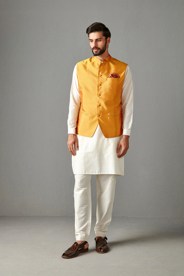 Yellow Silk Bundi Jacket With Kurta Set