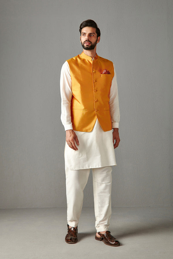Yellow Silk Bundi Jacket With Kurta Set