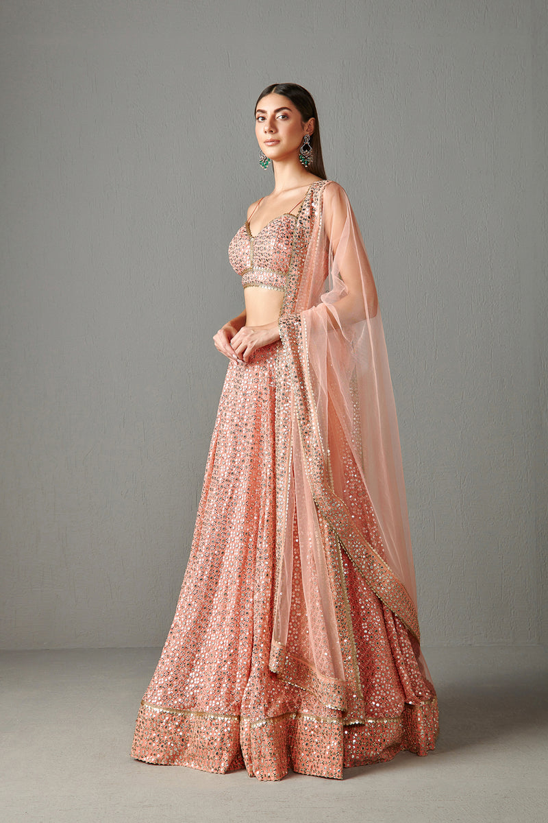 Peach Mirror Work Lehenga Set