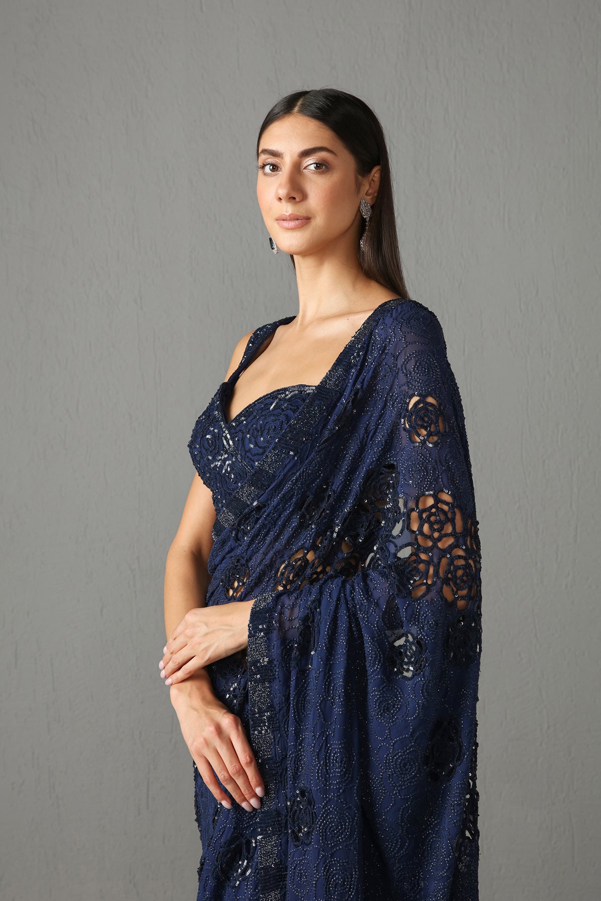 Blue Embellished Saree Set