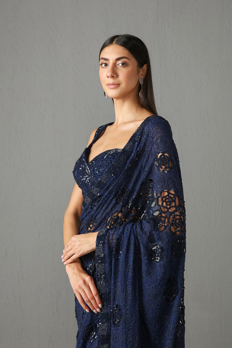 Blue Embellished Saree Set