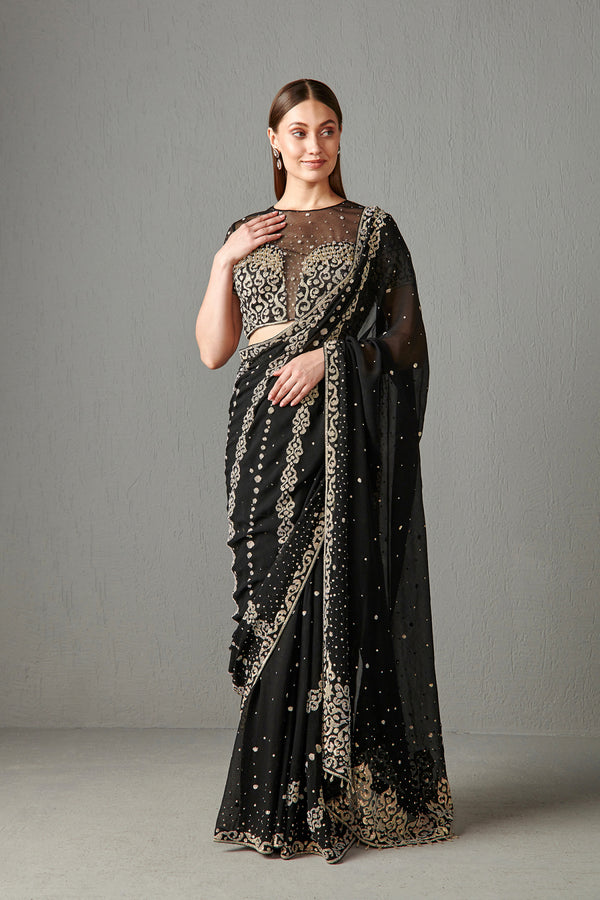 Black Embellished Saree Set