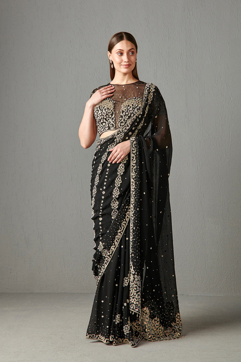 Black Embellished Saree Set