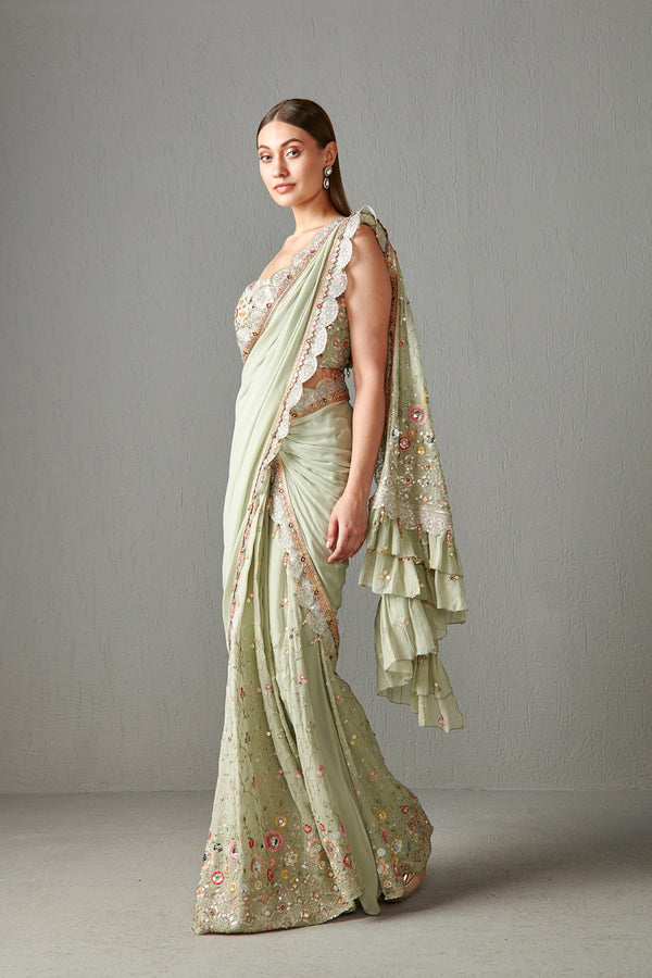 Sage Pre-Draped Saree Set
